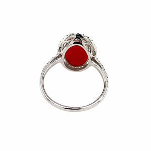 Gold Jewelry - Fine Designer 14K White Gold Red Coral Long Oval Cabochon & .34 CTW Diamond Halo Cascading Band Ring