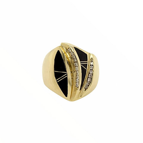 Image of Gold Jewelry - Fine Designer Wide 14K Solid Gold Diamond & Onyx Inlay Ring