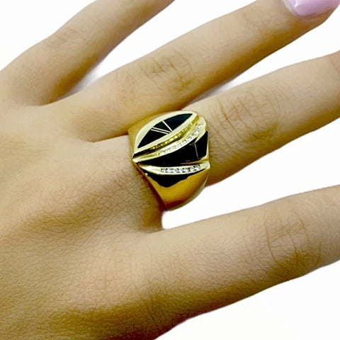 Image of Gold Jewelry - Fine Designer Wide 14K Solid Gold Diamond & Onyx Inlay Ring