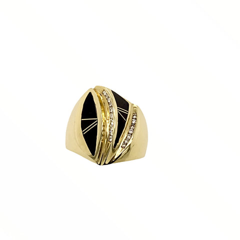 Image of Gold Jewelry - Fine Designer Wide 14K Solid Gold Diamond & Onyx Inlay Ring