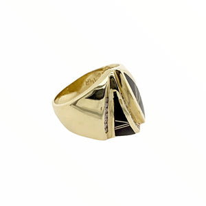 Gold Jewelry - Fine Designer Wide 14K Solid Gold Diamond & Onyx Inlay Ring