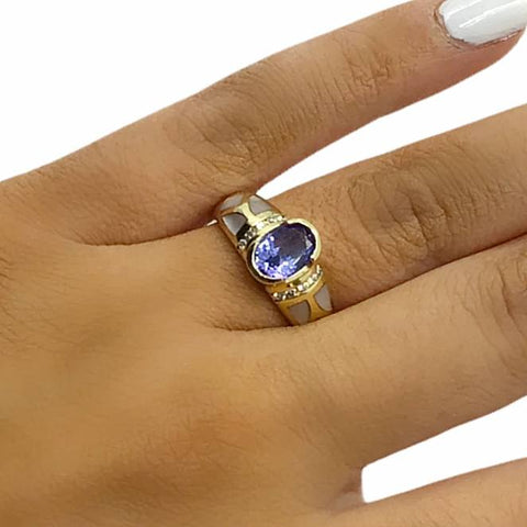 Image of Gold Jewelry - Gorgeous 14K Solid Gold Purple Tanzanite, Diamond, & Mother Of Pearl Inlay Designer Ring Band