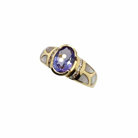 Image of Gold Jewelry - Gorgeous 14K Solid Gold Purple Tanzanite, Diamond, & Mother Of Pearl Inlay Designer Ring Band