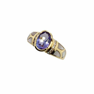 Gold Jewelry - Gorgeous 14K Solid Gold Purple Tanzanite, Diamond, & Mother Of Pearl Inlay Designer Ring Band