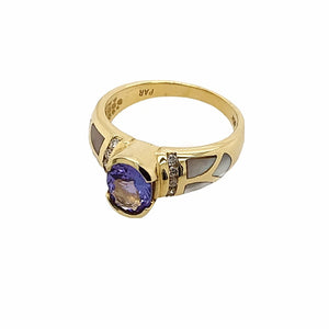 Gold Jewelry - Gorgeous 14K Solid Gold Purple Tanzanite, Diamond, & Mother Of Pearl Inlay Designer Ring Band