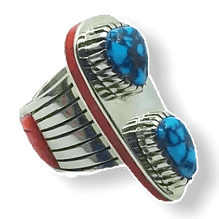 Image of sold Navajo Turquosie & Coral Ring - T. Perry - Native American
