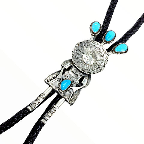 Image of Native American Bolo Tie - Large Navajo Kachina Turquoise Sterling Silver Bolo Tie - Native American