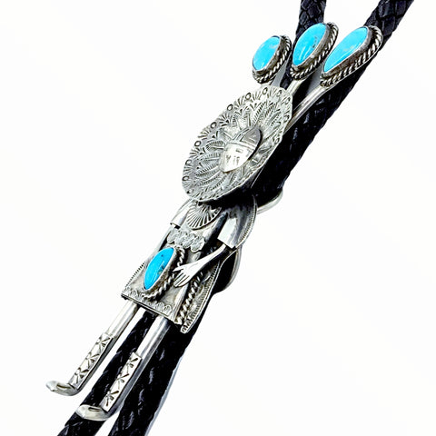 Image of Native American Bolo Tie - Large Navajo Kachina Turquoise Sterling Silver Bolo Tie - Native American