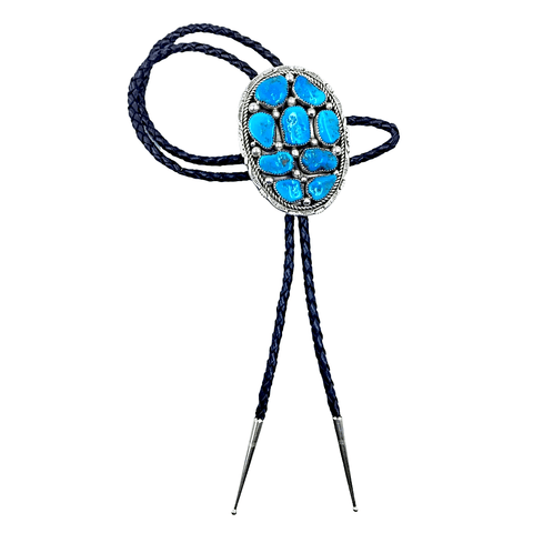 Image of Native American Bolo Tie - Navajo Kingman Turquoise Cluster Bolo Tie - M. Thompson - Native American