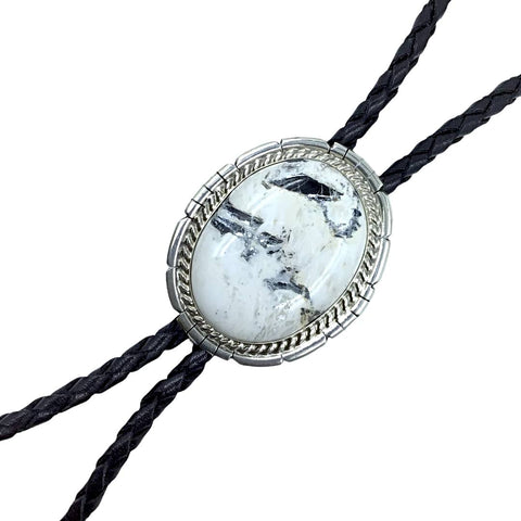 Image of Native American Bolo Tie - Navajo Oval White Buffalo Sterling Silver Bolo Tie - Samson Edsitty - Native American