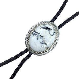 Native American Bolo Tie - Navajo Oval White Buffalo Sterling Silver Bolo Tie - Samson Edsitty - Native American