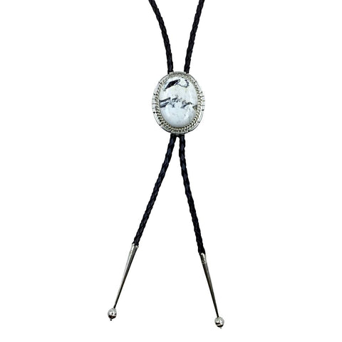 Image of Native American Bolo Tie - Navajo Oval White Buffalo Sterling Silver Bolo Tie - Samson Edsitty - Native American