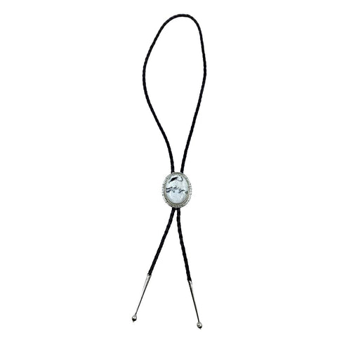 Image of Native American Bolo Tie - Navajo Oval White Buffalo Sterling Silver Bolo Tie - Samson Edsitty - Native American