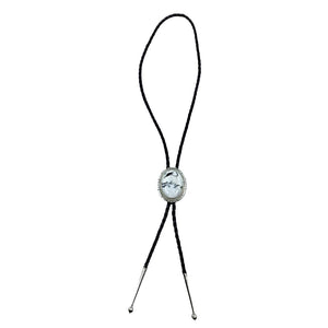 Native American Bolo Tie - Navajo Oval White Buffalo Sterling Silver Bolo Tie - Samson Edsitty - Native American