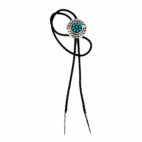 Image of Native American Bolo Tie - Navajo Round Sleeping Beauty Turquoise Cluster Engraved Sterling Silver Bolo Tie - Roscott - Native American