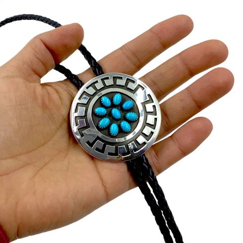 Image of Native American Bolo Tie - Navajo Round Sleeping Beauty Turquoise Cluster Engraved Sterling Silver Bolo Tie - Roscott - Native American