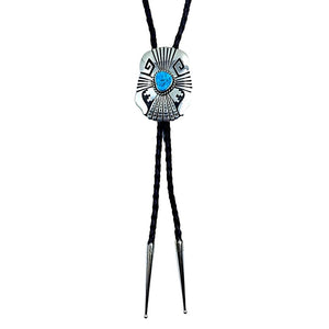 Native American Bolo Tie - Navajo Sleeping Beauty Turquoise Engraved Sterling Silver Bolo Tie - T & R Singer - Native American