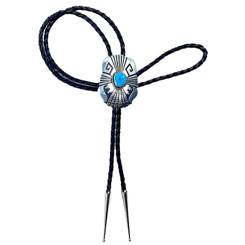 Image of Native American Bolo Tie - Navajo Sleeping Beauty Turquoise Engraved Sterling Silver Bolo Tie - T & R Singer - Native American