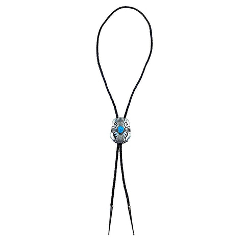Image of Native American Bolo Tie - Navajo Sleeping Beauty Turquoise Engraved Sterling Silver Bolo Tie - T & R Singer - Native American