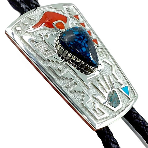 Image of Native American Bolo Tie - Navajo Turquoise & Coral Dangle-Tips Bolo Tie - Michael Perry - Native American