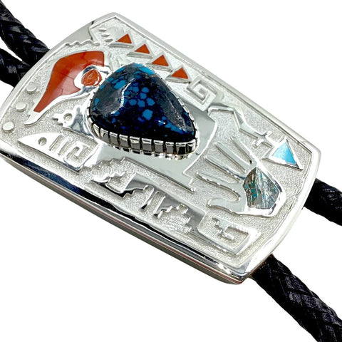 Image of Native American Bolo Tie - Navajo Turquoise & Coral Dangle-Tips Bolo Tie - Michael Perry - Native American