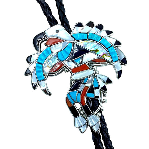 Image of Native American Bolo Tie - Zuni Eagle Dancer Turquoise, Coral, Onyx, Mother Of Pearl, & Abalone Inlay Bolo - Lynnette Laiwakete - Native American