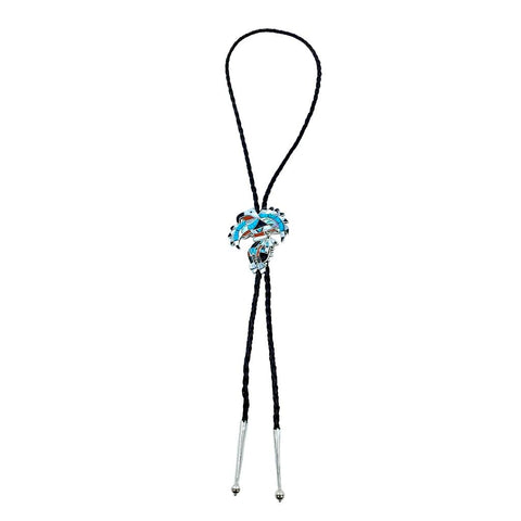 Image of Native American Bolo Tie - Zuni Eagle Dancer Turquoise, Coral, Onyx, Mother Of Pearl, & Abalone Inlay Bolo - Lynnette Laiwakete - Native American