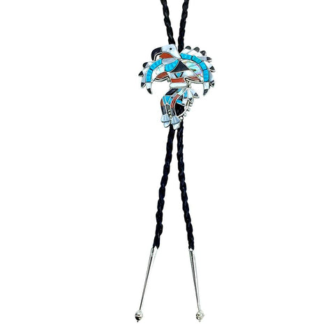 Image of Native American Bolo Tie - Zuni Eagle Dancer Turquoise, Coral, Onyx, Mother Of Pearl, & Abalone Inlay Bolo - Lynnette Laiwakete - Native American