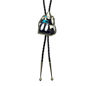 Native American Bolo Tie - Zuni Inlay Turquoise, Lapis, Onyx, And Mother Of Pearl Inlay Bolo