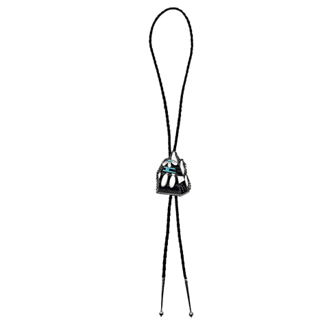 Image of Native American Bolo Tie - Zuni Inlay Turquoise, Lapis, Onyx, And Mother Of Pearl Inlay Bolo