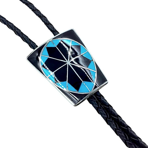 Image of Native American Bolo Tie - Zuni Turquoise And Onyx Inlay Bolo Tie - Deanna Martinez