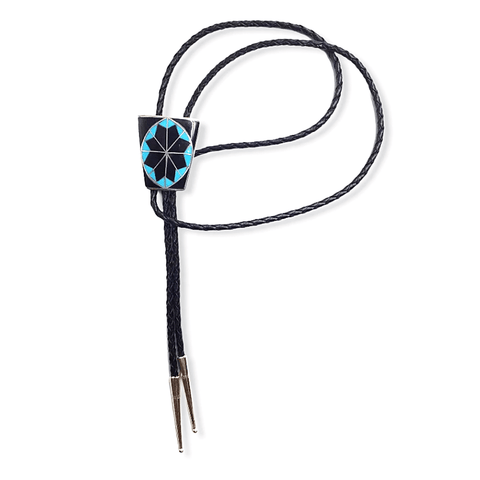 Image of Native American Bolo Tie - Zuni Turquoise And Onyx Inlay Bolo Tie - Deanna Martinez