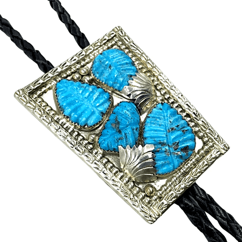 Image of Native American Bolo Tie - Zuni Turquoise Leaf Inlay Bolo Tie - L.T.