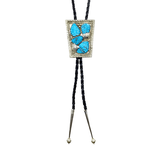Image of Native American Bolo Tie - Zuni Turquoise Leaf Inlay Bolo Tie - L.T.