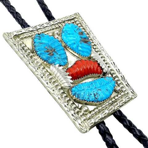 Image of Native American Bolo Tie - Zuni Turquoise Leaf Turquoise And Red Coral Inlay Bolo Tie - L.T.