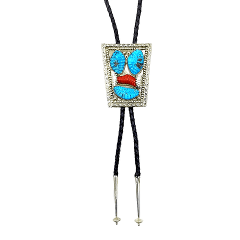 Image of Native American Bolo Tie - Zuni Turquoise Leaf Turquoise And Red Coral Inlay Bolo Tie - L.T.