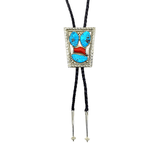 Native American Bolo Tie - Zuni Turquoise Leaf Turquoise And Red Coral Inlay Bolo Tie - L.T.