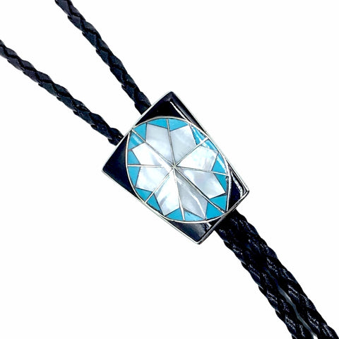 Image of Native American Bolo Tie - Zuni Turquoise, Onyx, & Mother Of Pearl Inlay Bolo Tie - Deanna Martinez - Native American
