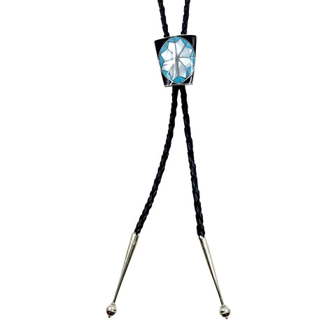 Image of Native American Bolo Tie - Zuni Turquoise, Onyx, & Mother Of Pearl Inlay Bolo Tie - Deanna Martinez - Native American