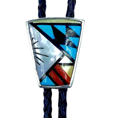 Image of Native American Bolo Tie - Zuni Turquoise, Red Coral, Onyx, And Mother Of Pearl Inlay Bolo - Booqua - Native American
