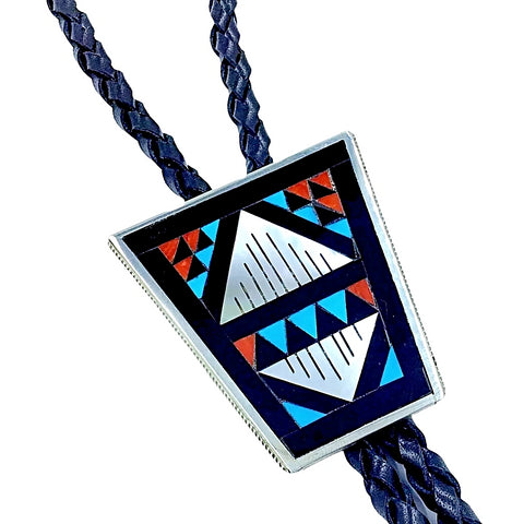 Image of Native American Bolo Tie - Zuni Turquoise, Red Coral, Onyx, And Mother Of Pearl Inlay Bolo - Native American