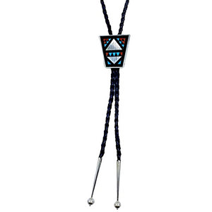 Native American Bolo Tie - Zuni Turquoise, Red Coral, Onyx, And Mother Of Pearl Inlay Bolo - Native American