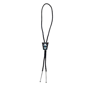 Native American Bolo Tie - Zuni Turquoise, Red Coral, Onyx, And Mother Of Pearl Inlay Bolo - Native American