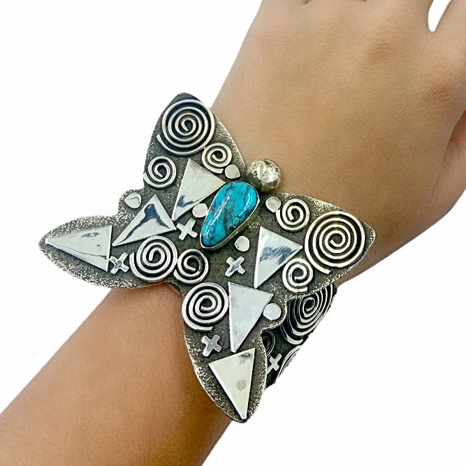 Sold Navajo Two Stone Sleeping Beauty Turquoise Flower Sterling Silver Cuff  Bracelet - Max Calladitto - Native American