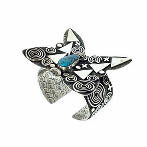 Native American Bracelet - Alex Sanchez Navajo Butterfly Petroglyph Kingman Turquoise Cuff Bracelet - Native American