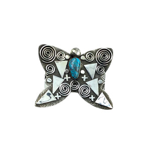 Native American Bracelet - Alex Sanchez Navajo Butterfly Petroglyph Kingman Turquoise Cuff Bracelet - Native American