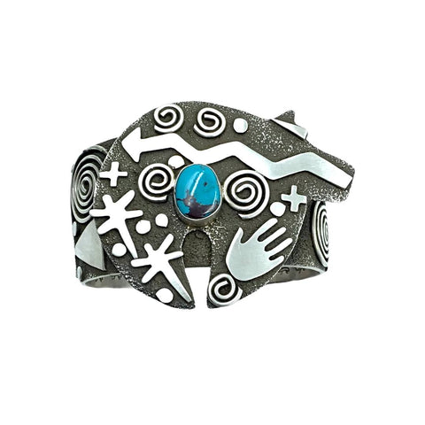 Image of Native American Bracelet - Alex Sanchez Navajo Snake Petroglyph Kingman Turquoise Cuff Bracelet - Native American