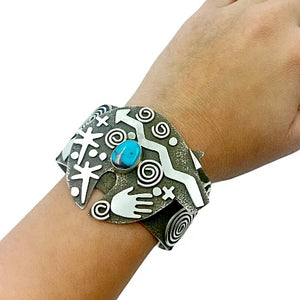 Native American Bracelet - Alex Sanchez Navajo Snake Petroglyph Kingman Turquoise Cuff Bracelet - Native American