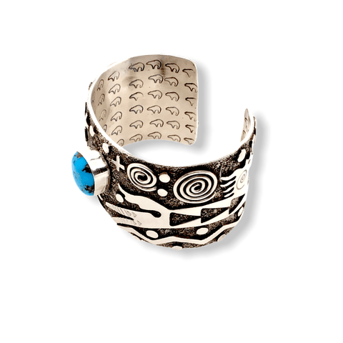 Image of Native American Bracelet - Alex Sanchez Petroglyph Horse Cuff  Bracelet With Kingman Turquoise