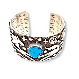 Native American Bracelet - Alex Sanchez Petroglyph Horse Cuff  Bracelet With Kingman Turquoise